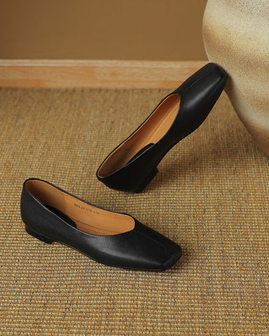 Minimalist Square Toe Leather Flat Loafers