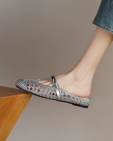 Woven Gold-Tone Strap Mary Jane Flats