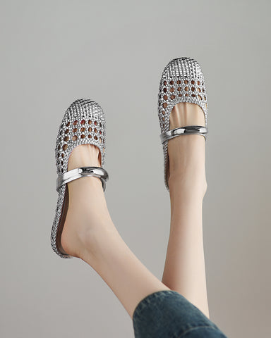 Woven Gold-Tone Strap Mary Jane Flats
