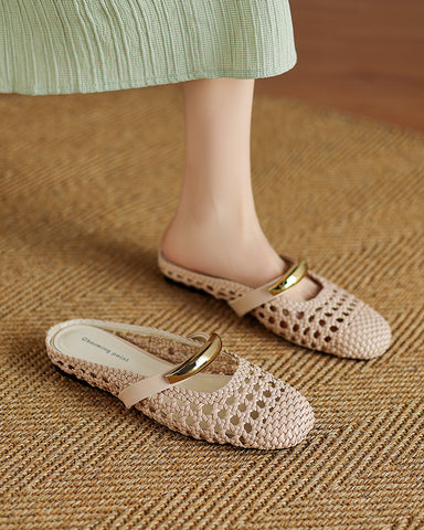 Woven Gold-Tone Strap Mary Jane Flats