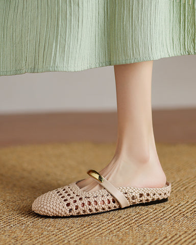 Woven Gold-Tone Strap Mary Jane Flats