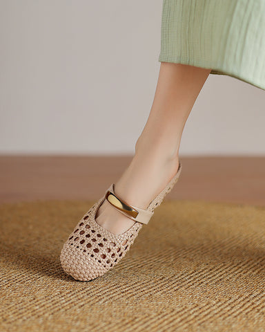 Woven Gold-Tone Strap Mary Jane Flats
