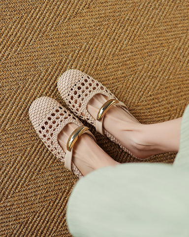 Woven Gold-Tone Strap Mary Jane Flats