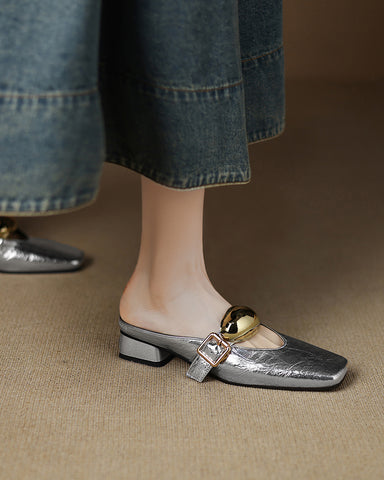 Bold Gold Oval Buckle Square Toe Flat Mules