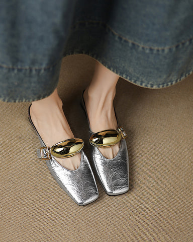 Bold Gold Oval Buckle Square Toe Flat Mules
