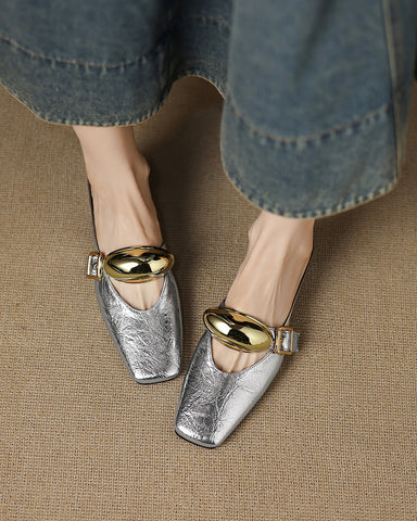 Bold Gold Oval Buckle Square Toe Flat Mules