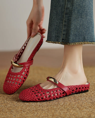 Woven Gold-Tone Strap Mary Jane Flats
