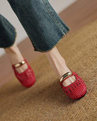 Woven Gold-Tone Strap Mary Jane Flats