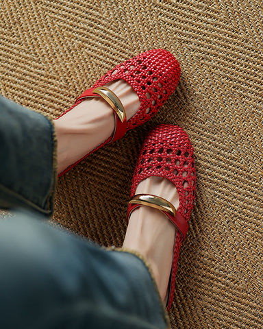 Woven Gold-Tone Strap Mary Jane Flats
