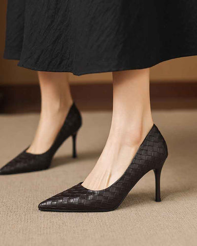 Woven-Texture Pointed-Toe Mid-High Heel Pumps