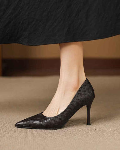 Woven-Texture Pointed-Toe Mid-High Heel Pumps