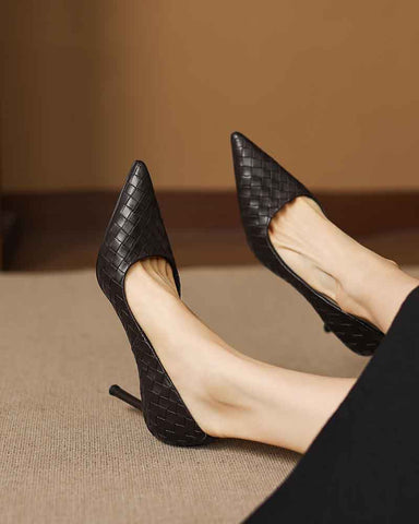Woven-Texture Pointed-Toe Mid-High Heel Pumps