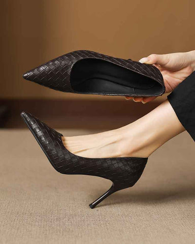 Woven-Texture Pointed-Toe Mid-High Heel Pumps