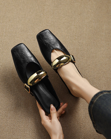 Bold Gold Oval Buckle Square Toe Flat Mules