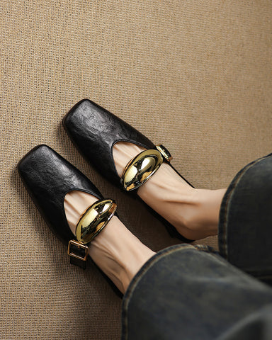 Bold Gold Oval Buckle Square Toe Flat Mules