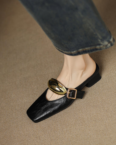 Bold Gold Oval Buckle Square Toe Flat Mules