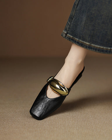 Bold Gold Oval Buckle Square Toe Flat Mules