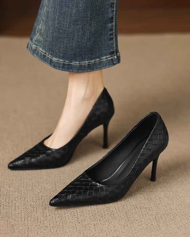 Woven-Texture Pointed-Toe Mid-High Heel Pumps