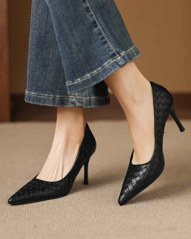 Woven-Texture Pointed-Toe Mid-High Heel Pumps