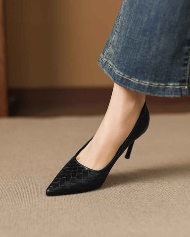 Woven-Texture Pointed-Toe Mid-High Heel Pumps
