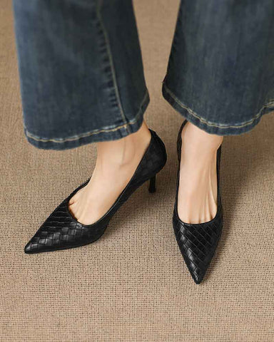 Woven-Texture Pointed-Toe Mid-High Heel Pumps