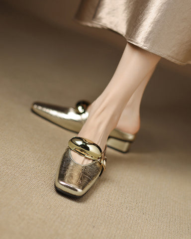 Bold Gold Oval Buckle Square Toe Flat Mules