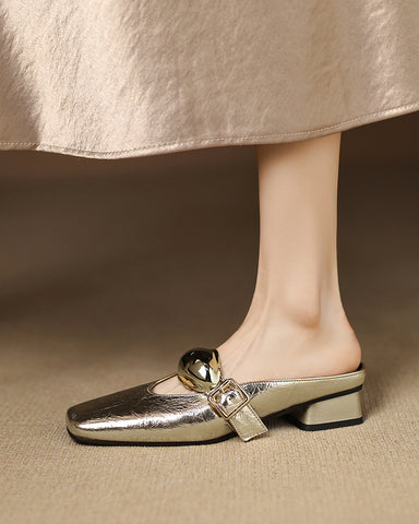 Bold Gold Oval Buckle Square Toe Flat Mules
