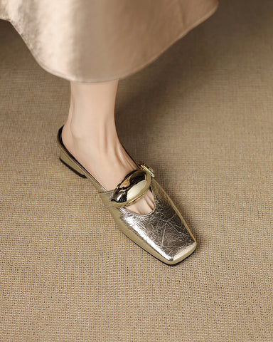 Bold Gold Oval Buckle Square Toe Flat Mules