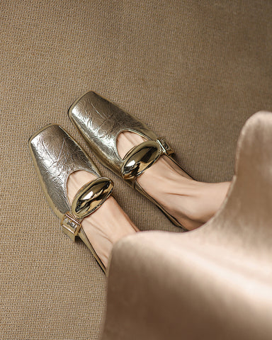 Bold Gold Oval Buckle Square Toe Flat Mules
