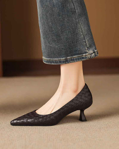 Refined Woven-Pattern Pointed-Toe Mid-Heel Pumps