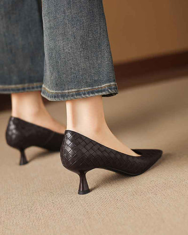Refined Woven-Pattern Pointed-Toe Mid-Heel Pumps