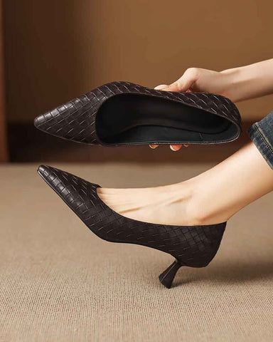 Refined Woven-Pattern Pointed-Toe Mid-Heel Pumps