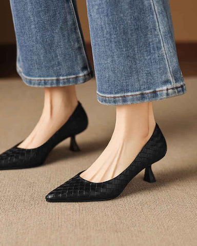 Refined Woven-Pattern Pointed-Toe Mid-Heel Pumps