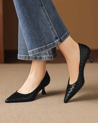 Refined Woven-Pattern Pointed-Toe Mid-Heel Pumps