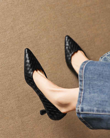 Refined Woven-Pattern Pointed-Toe Mid-Heel Pumps