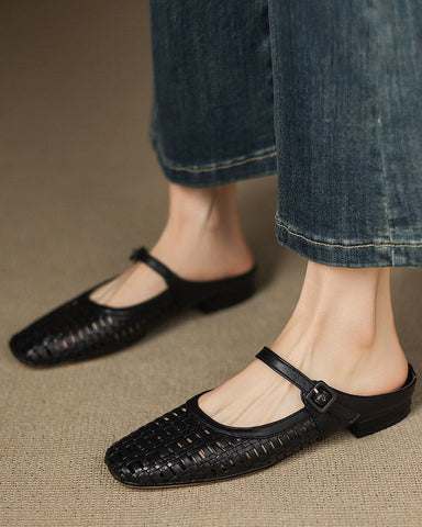 Woven Backless Mary Jane Backless Flats