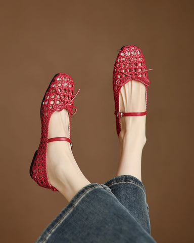Retro Cutout Square-Toe Mary Jane Ballet Flats with Bow