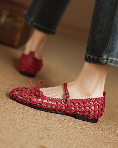 Retro Cutout Square-Toe Mary Jane Ballet Flats with Bow