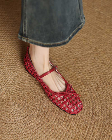 Retro Cutout Square-Toe Mary Jane Ballet Flats with Bow
