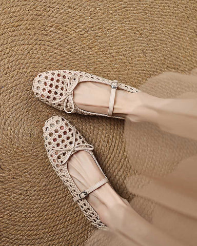 Retro Cutout Square-Toe Mary Jane Ballet Flats with Bow