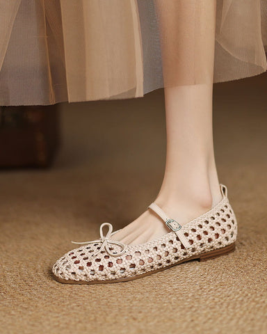 Retro Cutout Square-Toe Mary Jane Ballet Flats with Bow