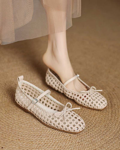 Retro Cutout Square-Toe Mary Jane Ballet Flats with Bow