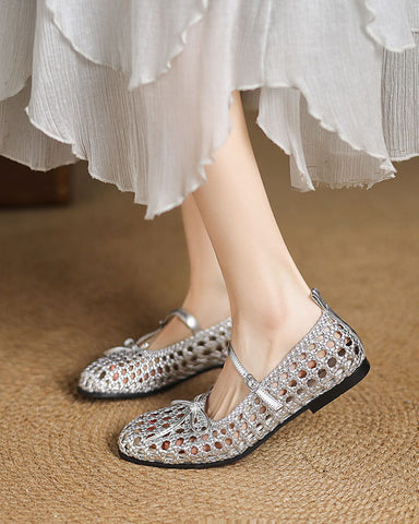 Retro Cutout Square-Toe Mary Jane Ballet Flats with Bow