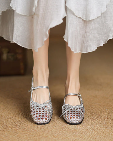 Retro Cutout Square-Toe Mary Jane Ballet Flats with Bow
