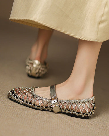 Woven Metallic Round-Toe Ballet Flats