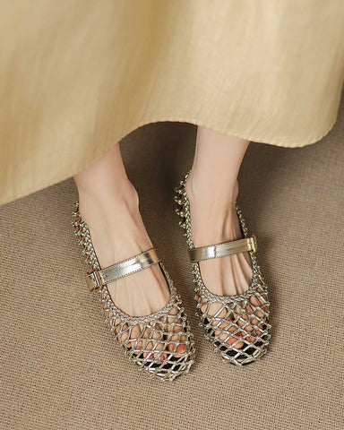 Woven Metallic Round-Toe Ballet Flats