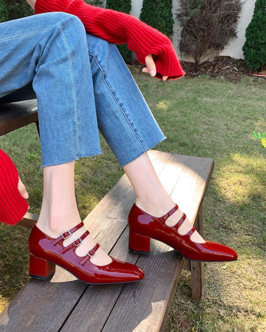 Mary Jane 3 Straps Chunky Block Heel Loafers