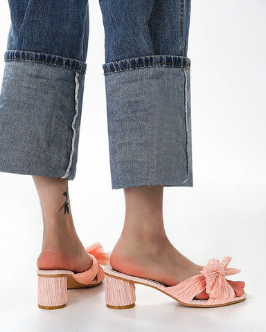 (Clean Up - US 7) Pink Pleated Bow Open Toe Chunky Block Heel Sandals