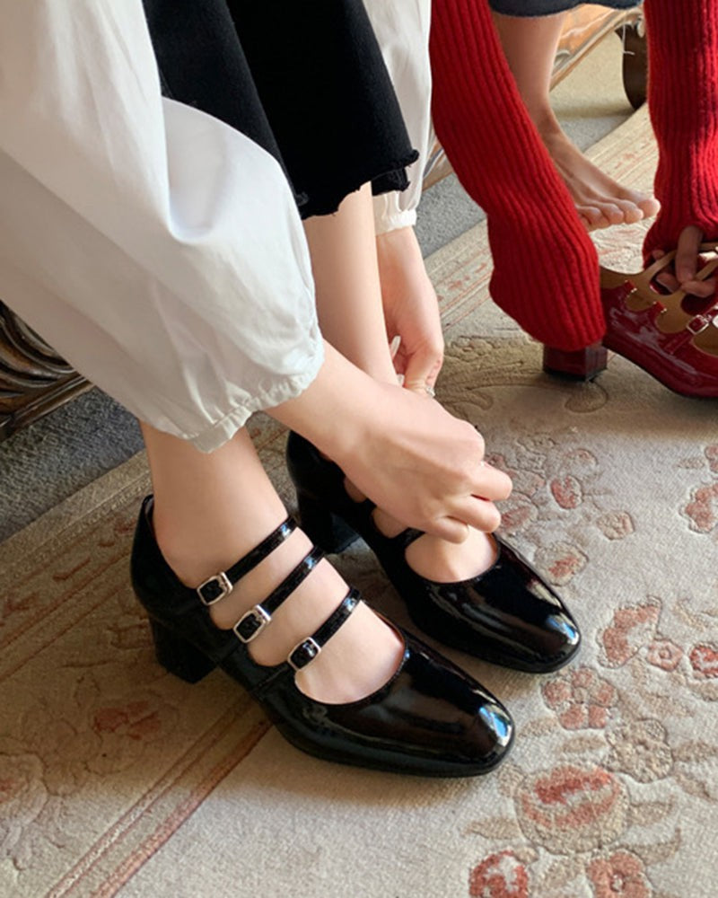 Mary Jane 3 Straps Chunky Block Heel Loafers