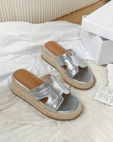 Textured Braided Espadrille Platform Slides Sandals